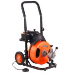 VEVOR 100 ft x 3/8 inch Cleaning Sewer Snake Machine Auto Feed Drain Auger Cleaner with 4 Cutter & Air-Activated Foot Switch for 1" to 4" pipes, Red
