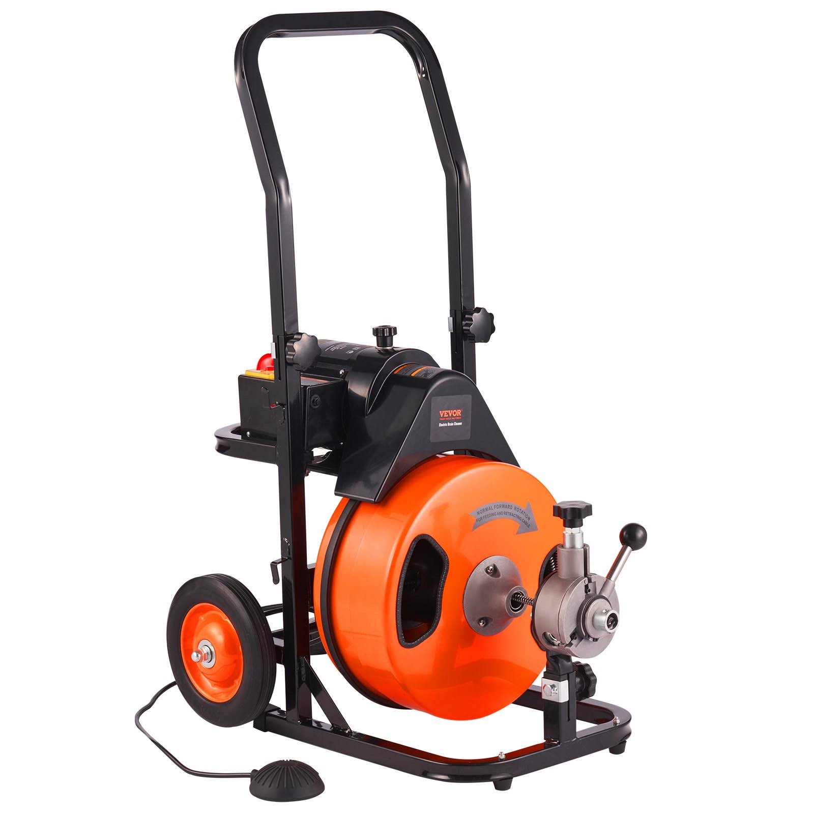 701a4e1cfba3e974d74cadac42e62db46dfafc637bfc45a78eaee60bc73c5be5.jpg VEVOR 100 ft x 3/8 inch Cleaning Sewer Snake Machine Auto Feed Drain Auger Cleaner with 4 Cutter & Air-Activated Foot Switch for 1" to 4" pipes, Red - Image 1