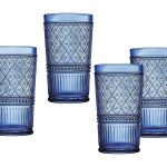 Godinger Highball Drinking Glasses, Tall Glass Cups, Vintage Decor, Water Glasses, Cocktail Glasses - Claro Collection, Large 17oz, Blue, Set of 4