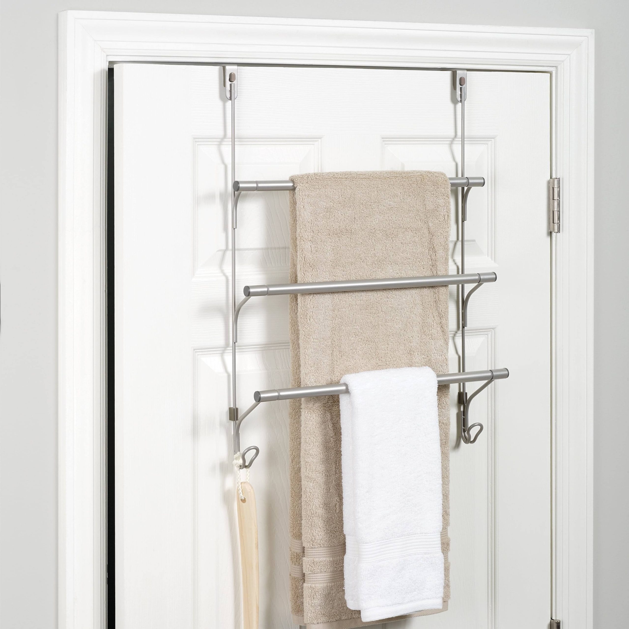 70eba11ce4d545a50f6e99be86d8d698ad72d7c2141bb4a026e42991fc5346b5.jpg Mainstays Snugfit Over-The-Door 3-Tier Towel Bar with 2 Hooks, Satin Nickel 256NNWM - Image 1