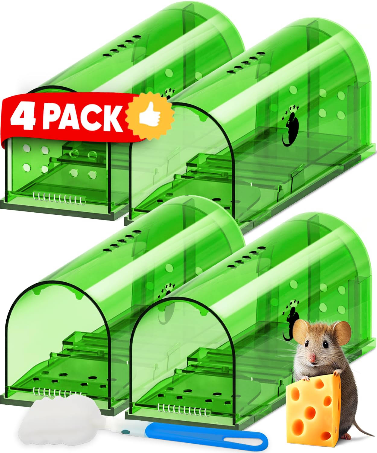 7113874c8363397d801f9f6449b04b67fe26752125a63cb5e285674217aa0d30.jpg Motel Mouse Humane No Kill Live Catch and Release Mouse Traps, Reusable with Cleaning Brush - 4 Pack - Image 1