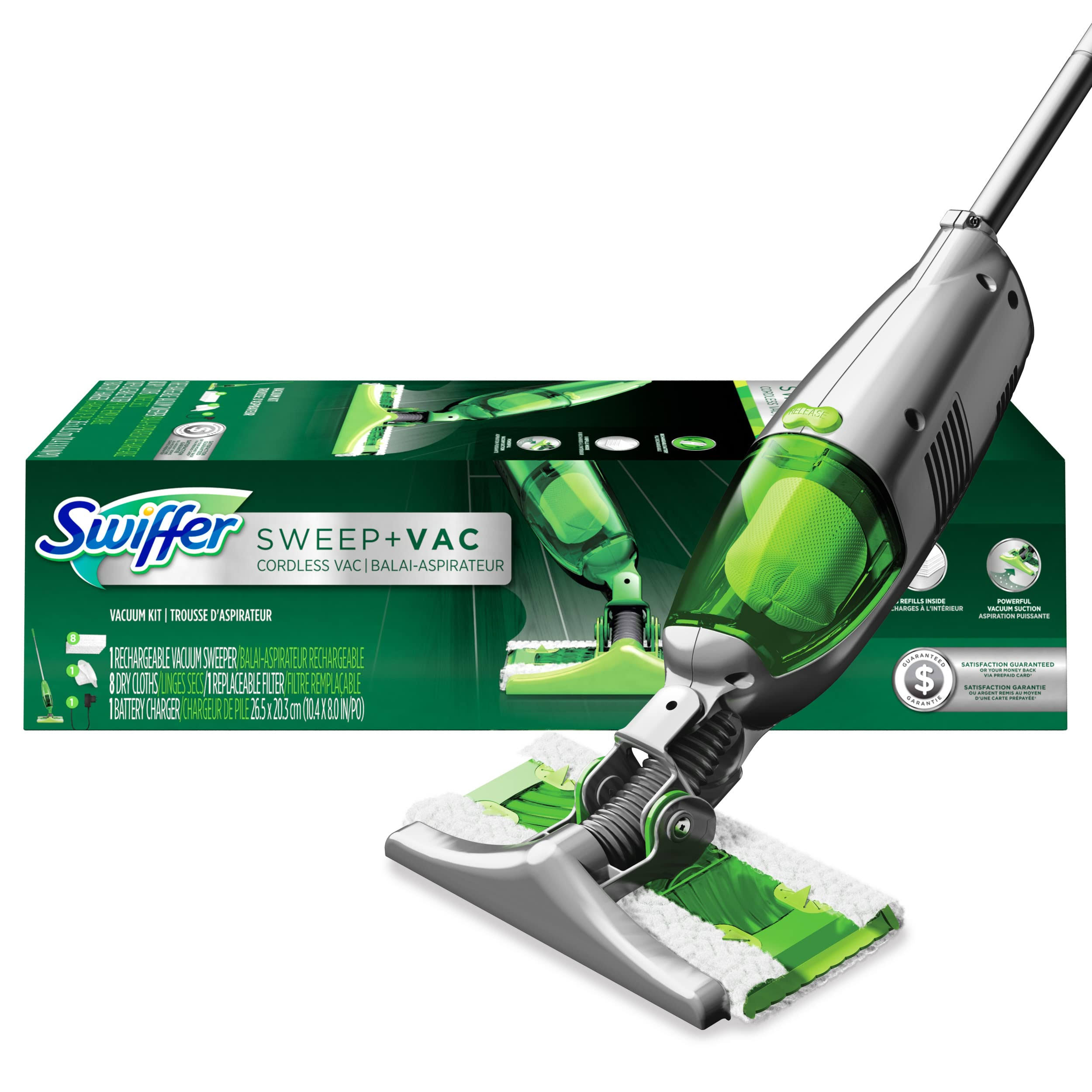 713c7394068818dc8b49a90e28cd65c8b330625c0075b41326a533368446c906.jpg Swiffer Sweep and VAC Vacuum Cleaner for Floor Cleaning, 11 Piece Set Includes: 1 Rechargeable Vacuum Sweep, 8 Dry Cloths, 1 Battery Charger and 1 - Image 1