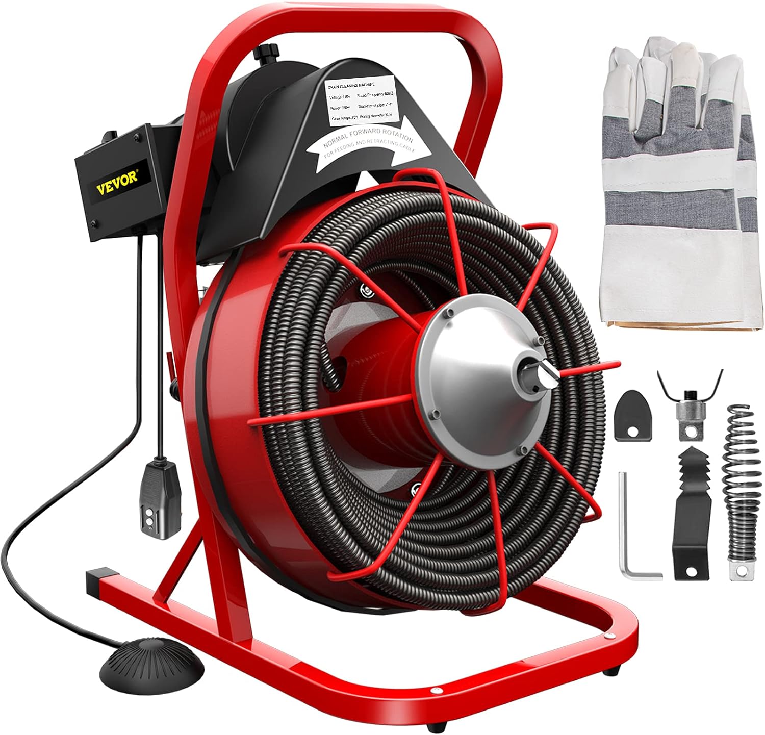 71c3995280386bd8ea437f15f6ef09fb82d8c5aee7a144fbb71e61139718cd9d.jpg Drain Cleaner Machine. 75 Ft x 3/8 Inch Drain Cleaning Machine Fits 1 to 4 Inch Pipes. Portable Drain Auger Cleaner with 4 Cutters. Electric Drain Clog Remover Plumbing Tool - Image 1
