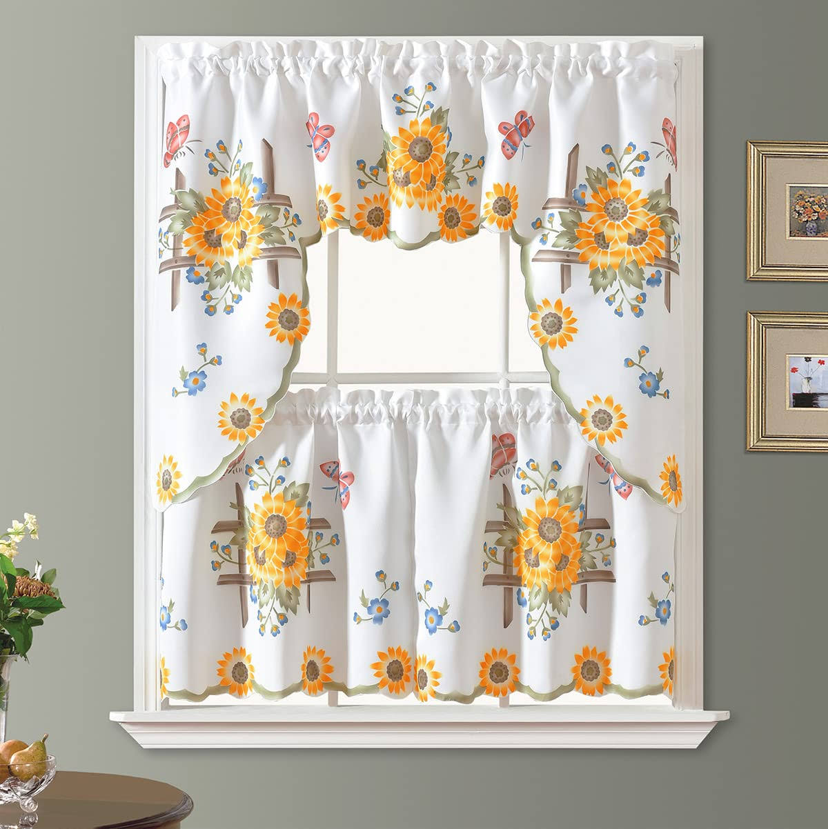 71f4a82c7596137302ea4594cb98e6cdac60c0bce9de2635dad8214873c00436.jpg GOHD Golden Ocean Home Decor 3pcs Kitchen Cafe Curtain Set Air Brushed by Hand of Sunflower and Butterfly Design On Thick - Image 1