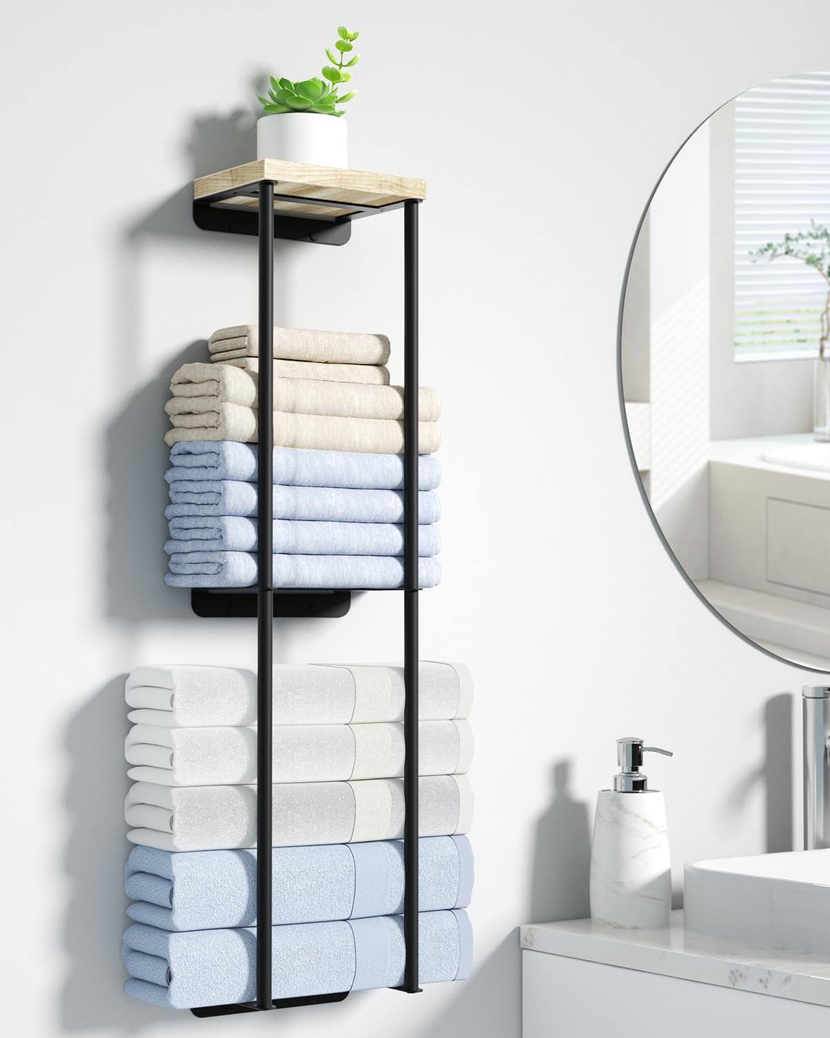 724226982049dad1c9d2dda2533b929f1121b1c73c14ef6e2ceecf28b59566d3.jpg Nroech Towel Racks for Bathroom 2 Tier Wall Towel Holder with Wood Shelf Metal Wall Towel Rack Mounted Towel Storage for Small Bathroom - Image 1