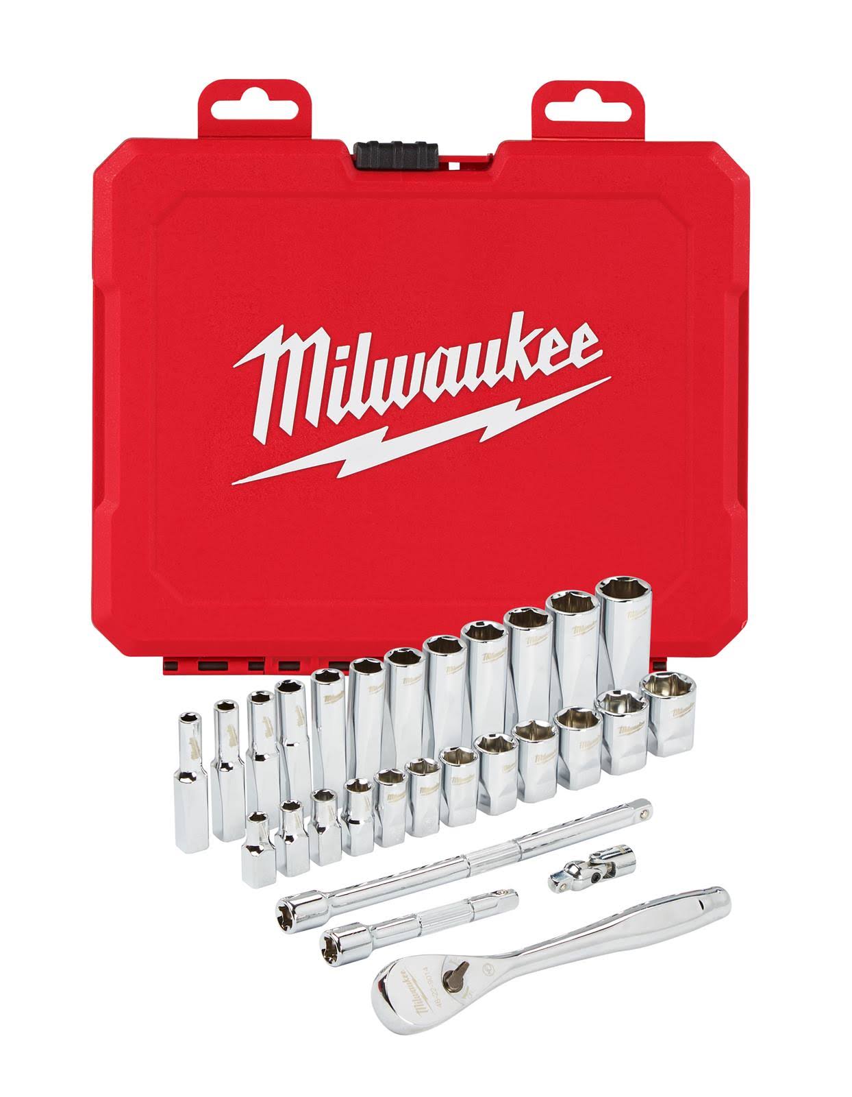727fbf2fa6b2f31a8f87e3594cf09236b08d4419fcbdedb5e61f49edacbeffa2.jpg Milwaukee 1/4" Drive 28pc Ratchet & Socket Set - Metric - Image 1
