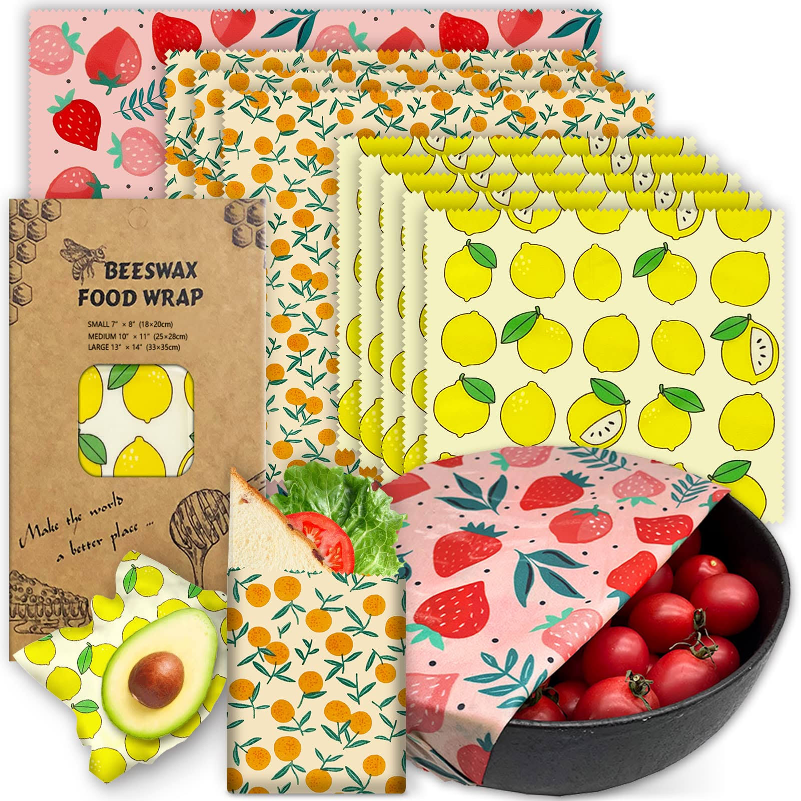 72bc346dfd38112ec1de5176076904eadc0b6d89699f89e75974639ac9fd64ed.jpg Reusable Beeswax Wrap - 9 Pack Eco-Friendly Beeswax Wraps for Food, Organic, Sustainable, Biodegradable, Zero Waste, Plastic-Free Food Storage, 1L - Image 1