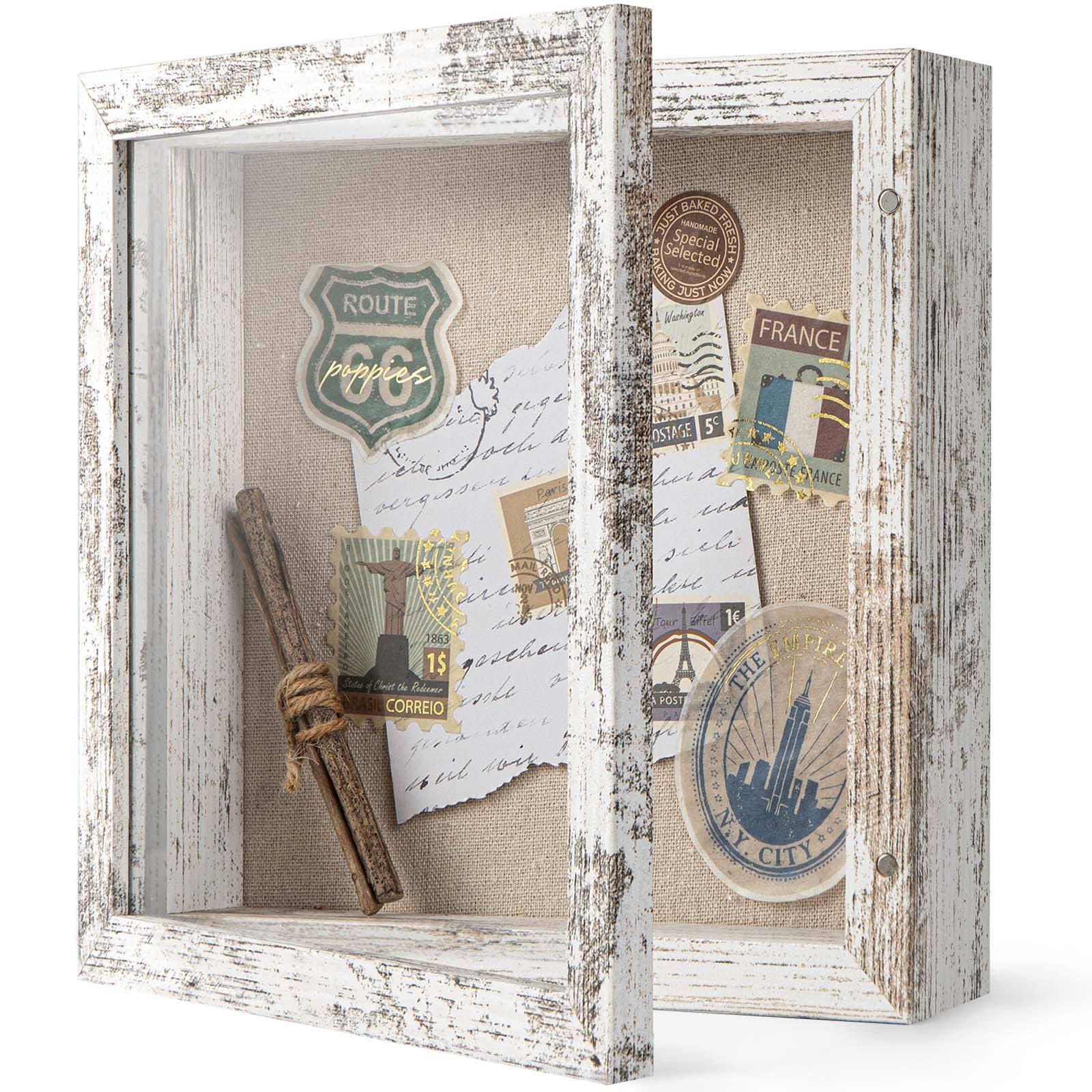 72d675e546d75217ae0fbf02e7cc84fc93e7355f066835304e1c71bafbcb797e.jpg 8x8 Shadow Box Frame with Soft Linen Back - Easy Opening Memory Display Case of Flower, Pictures, Art and More, Rustic White - Image 1