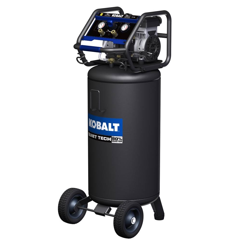 732d5da04895f3e43c87e807fb666ba4cb9bab802a2103ea3cccb667247985d7.jpg Kobalt Quiet Tech 26-Gallon Single Stage Portable Electric Vertical Air Compressor 3332644-Instock - Image 1
