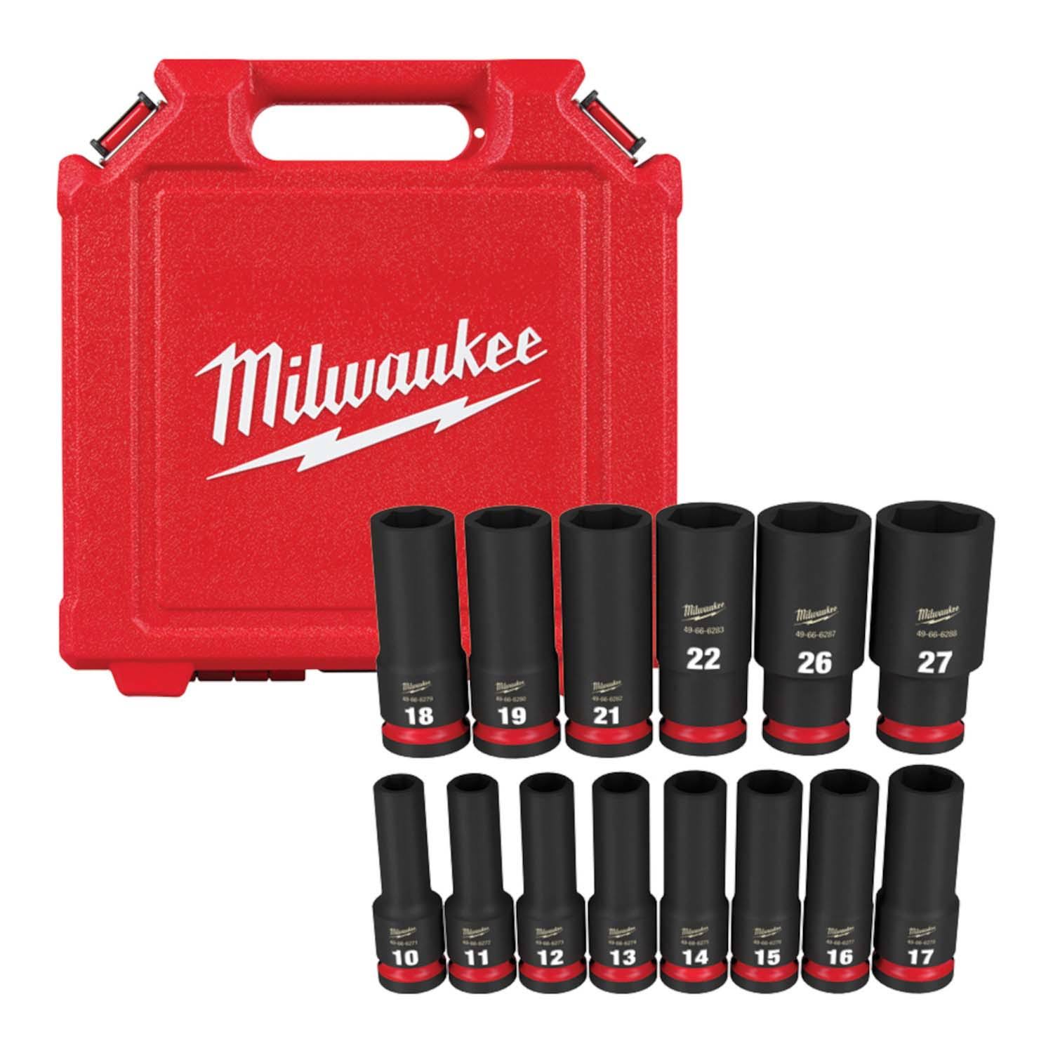 7339431e3b0559f23210da1fc934fe9b96356d937b9c7e8732490487771f8c16.jpg Milwaukee Shockwave Impact Duty 1/2" Drive Metric Deep 6 Point Socket Set 49-66-7014 - Image 1