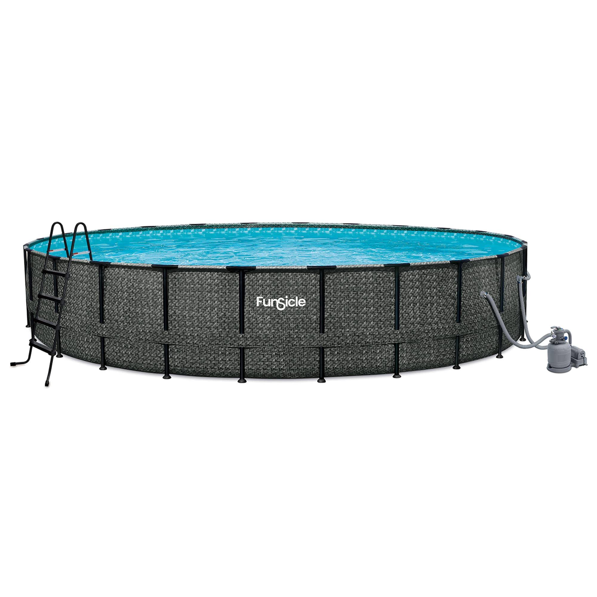 739888d27bd7c7be61270b6d6de647ac0d919a2b879ee4f1304e48977b2bdf8b.jpg Funsicle 24' x 52" Oasis Designer Round Frame Above Ground Swimming Pool with SkimmerPlus Filter Pump, Dark Herringbone Pattern - Image 1