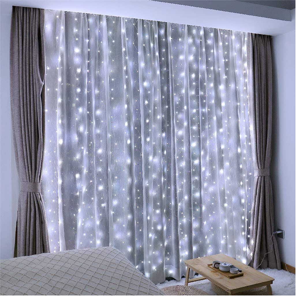 73bc2742405541c8d9a562d65180f073f4d553b7c16171a2a7ac76af7d3aca69.jpg ZSJWL 300 LED White Curtain Lights, 9.8x9.8ft DIY Windows Fairy String Lights with Remote 8 Modes Timer for Bedroom, USB Plug - Image 1