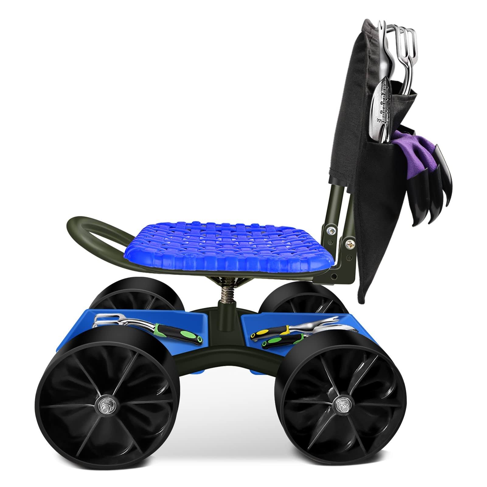 73e9c9c54d0acd6880c12da14b785f8bb4587139b1131be817ddeee6105d7d5a.jpg I Cover Garden Cart Rolling Stool with Four Wheels and Tool Bag, Stable Workseat Sturdy Cart Adjustable Seat Height and Direction, Gardening Helper, - Image 1