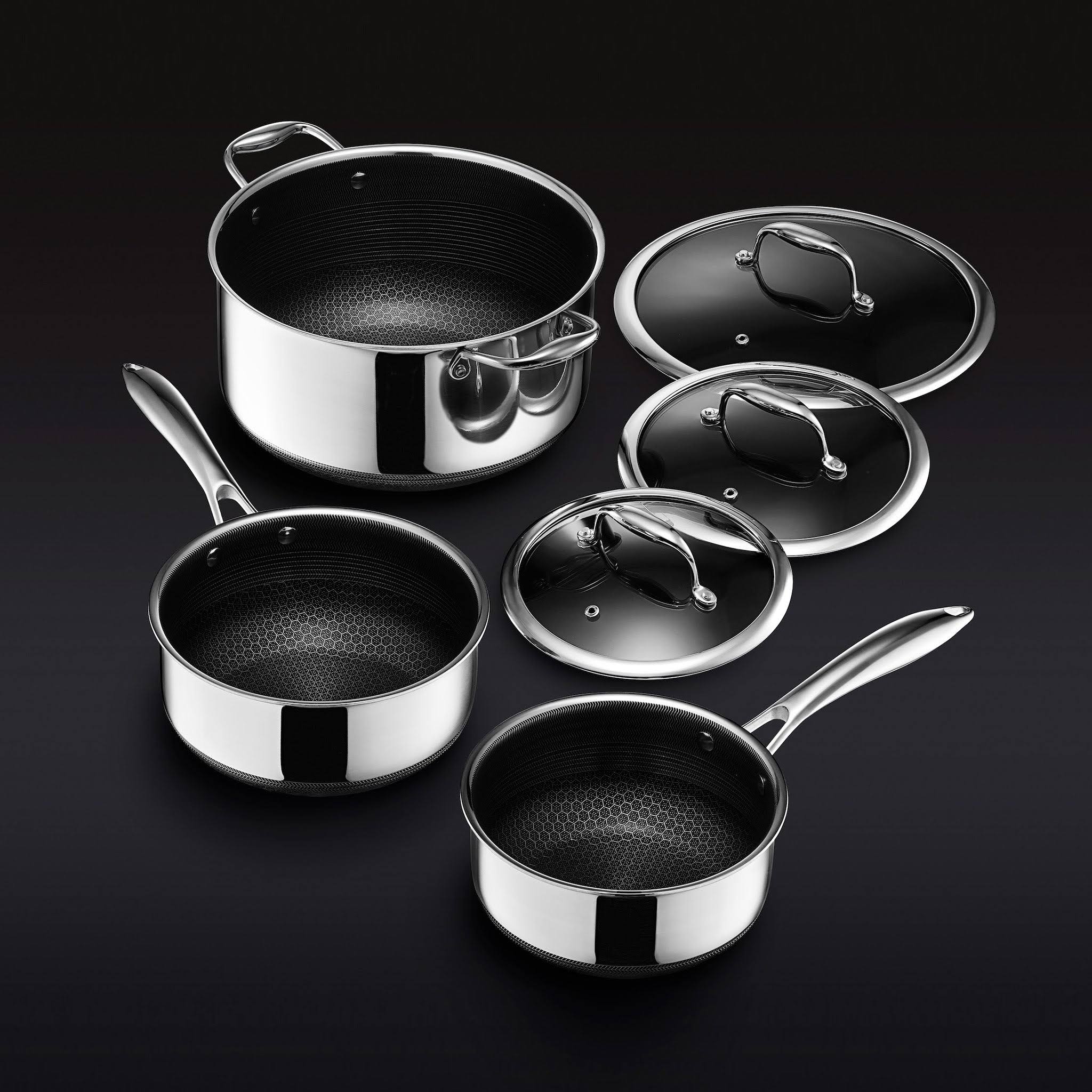 73f070b47fd3f7730e0fc758d7b485c3362a541a0f58d706be022247249541c0.jpg HexClad Hybrid Cookware 6 Piece Pot Set with Lids - Image 1