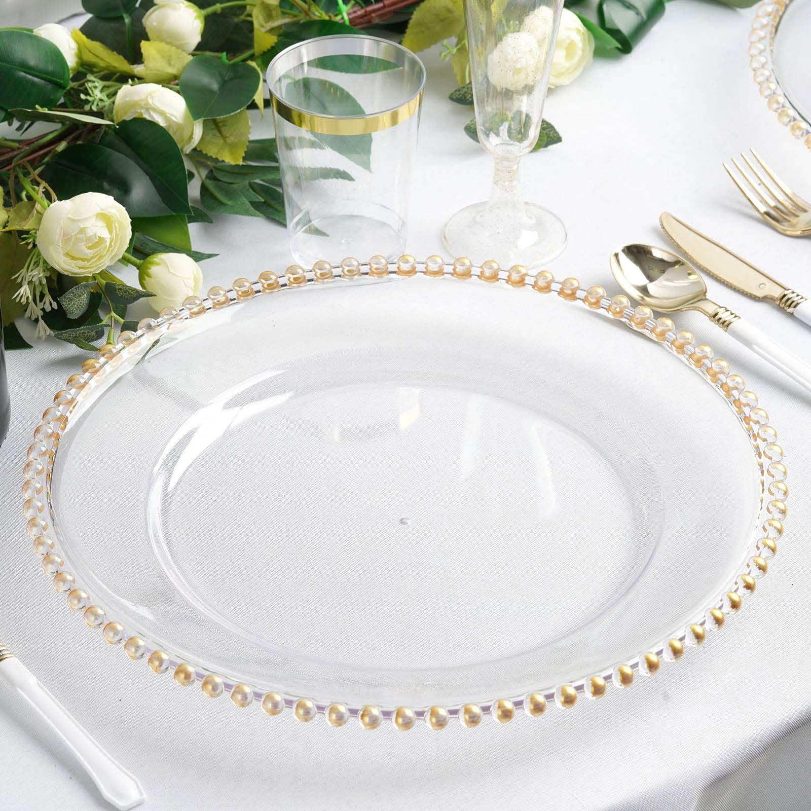 73f6c084330f0eceb0bc61eb453e1e11f7fa451b491de694db575e07f8b4cee9.jpg Efavormart 6 Pack 12" Gold Clear Acrylic Round Charger Plates with Beaded Rim Dinner Charger Plates - Image 1
