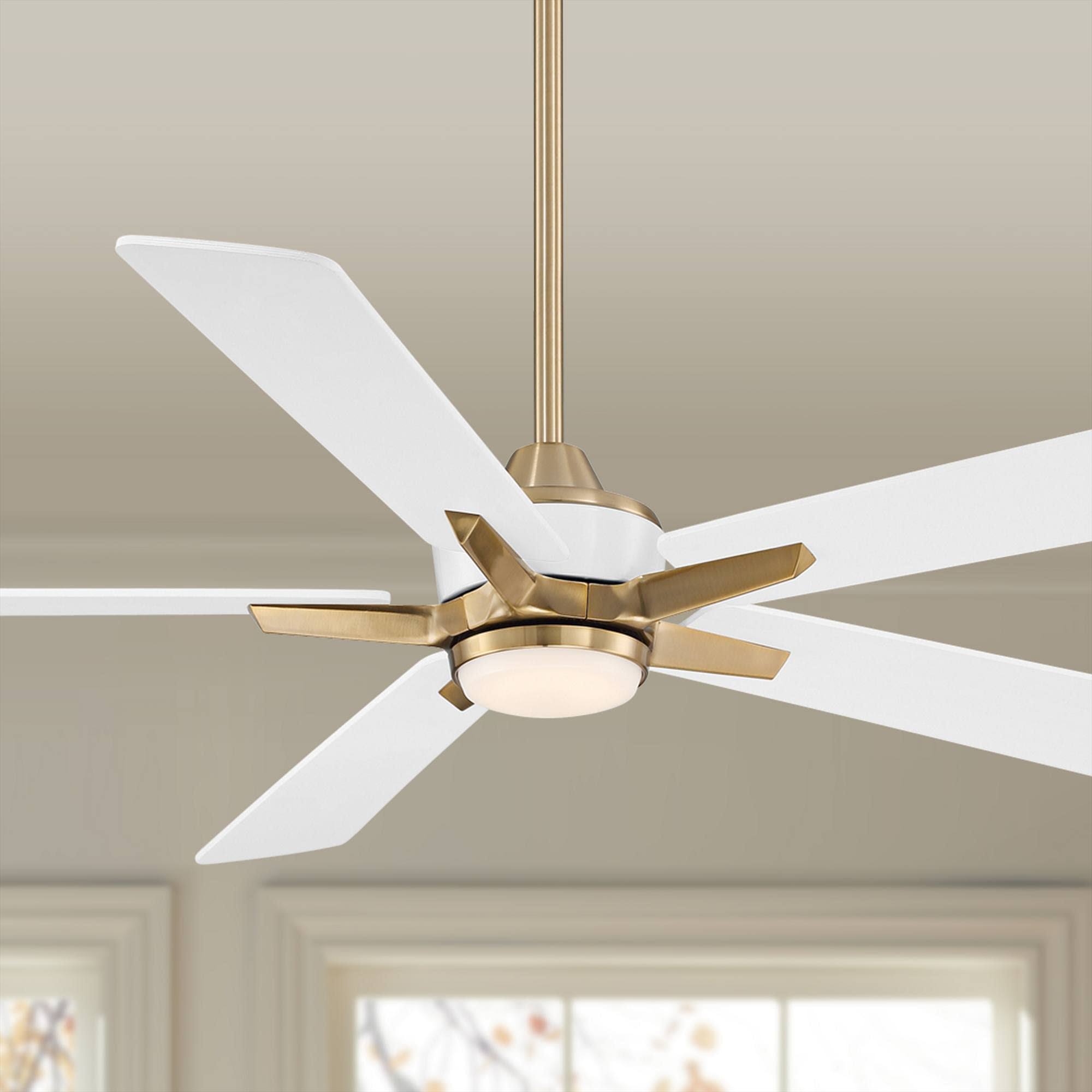 74ae02b39c5297af912f4953215ff84b740730386f67d0411b2e97036460c353.jpg Casa Vieja 52" Vegas Nights Modern Indoor Outdoor Ceiling Fan with Dimmable LED Light Remote Control Soft Brass White Damp Rated for Patio Exterior - Image 1