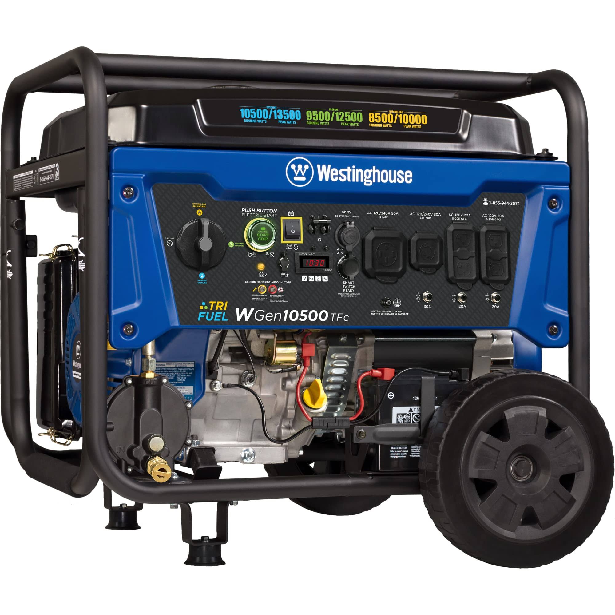 74c826f61f6585633901047321a582cbeb4061f0cb3faeb11c790ccda695259c.jpg Westinghouse 13,000-peak Watts Tri-Fuel Portable Generator with Co Sensor - Image 1