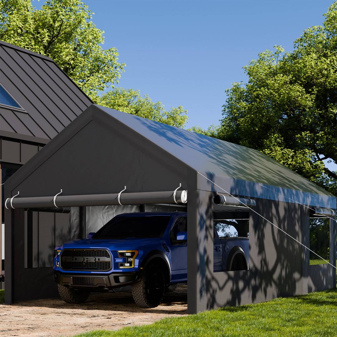 74d1ad57d9967f88a592accb8acd0ad96ef4d7651d9a60bca2faac7f2fd3444b.jpg Walsunny Carport 12x18.5 ft Heavy Duty Car Canopy with Roll-Up Windows Portable Garage with Removable Sidewalls & Doors(12�G20 ft/Gray) - Image 1