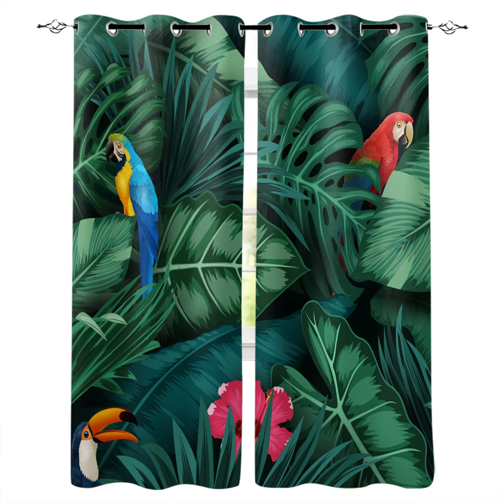 752f4789b1f2f6b6ab9f32d7fadb673ed714a429e948dabeee15a8a330e246c1.webp Animal Parrot Tropical Plant Green Leaf Curtains for Living Room Bedroom Window Treatment Blinds Finished Drapes Kitchen Curtain - Image 1