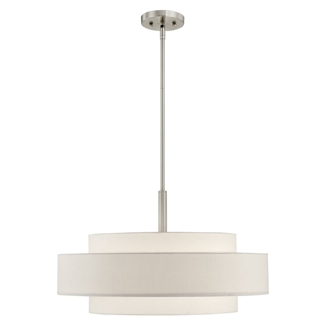 75342b264af26b822b3a4e828ca00e0376b583fdf58338415e4c1dff605b1c47.jpg Paquette 5 - Light Shaded Drum Chandelier Andover Mills Finish: Brushed Nickel, Shade Color: Off-White - Image 1