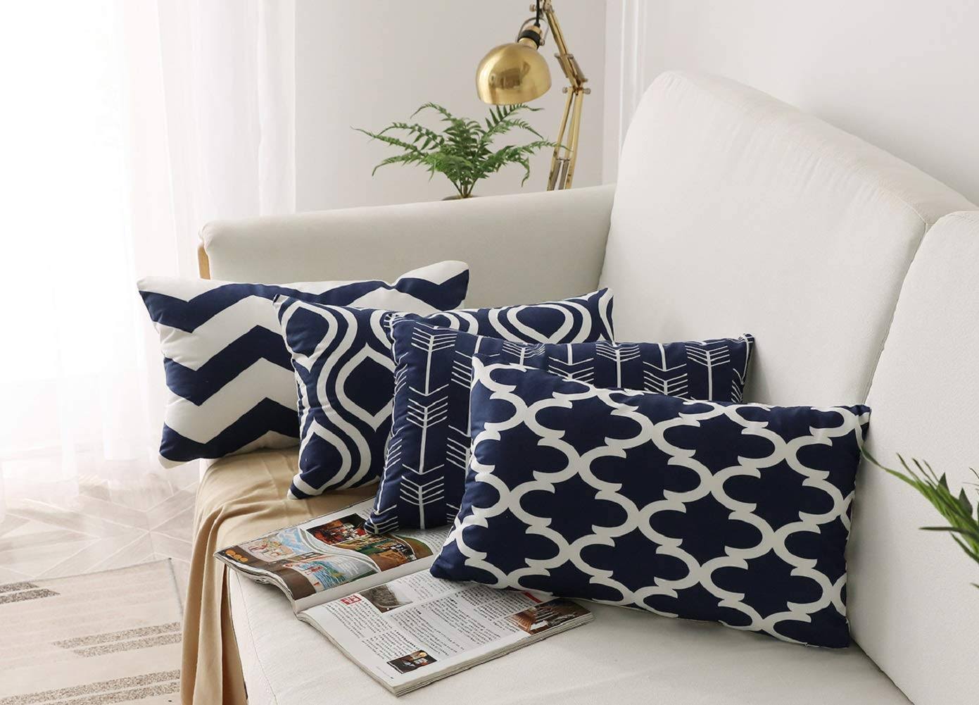 755a4c93b623c3bebf9a987ca66108a8ed11044ce65235e0d090b458306de802.jpg FanHomcy Navy Blue Lumbar Throw Pillow Covers, 4 Pack, Decorative Bed Sofa Couch Cushion Pillowcases,12 x 20 Inches,Geometric Quatrefoil Arrow Ogee - Image 1