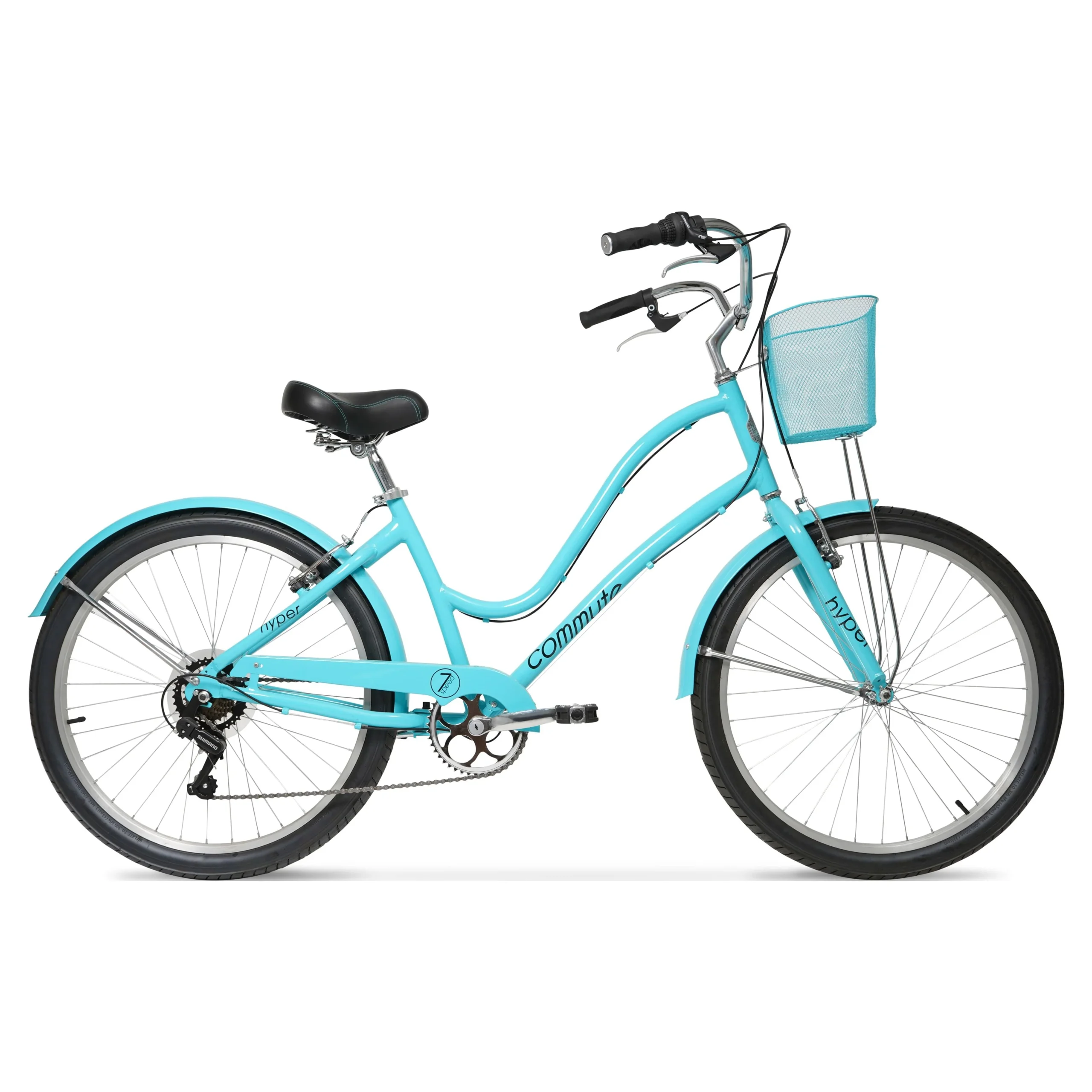 755bd66824304c190c62d4b29921a288a8fd69bedc264e98966b362001213026.webp Hyper Bicycle 26" Woman'S Commute Bike with Basket, Neon Teal - Image 1