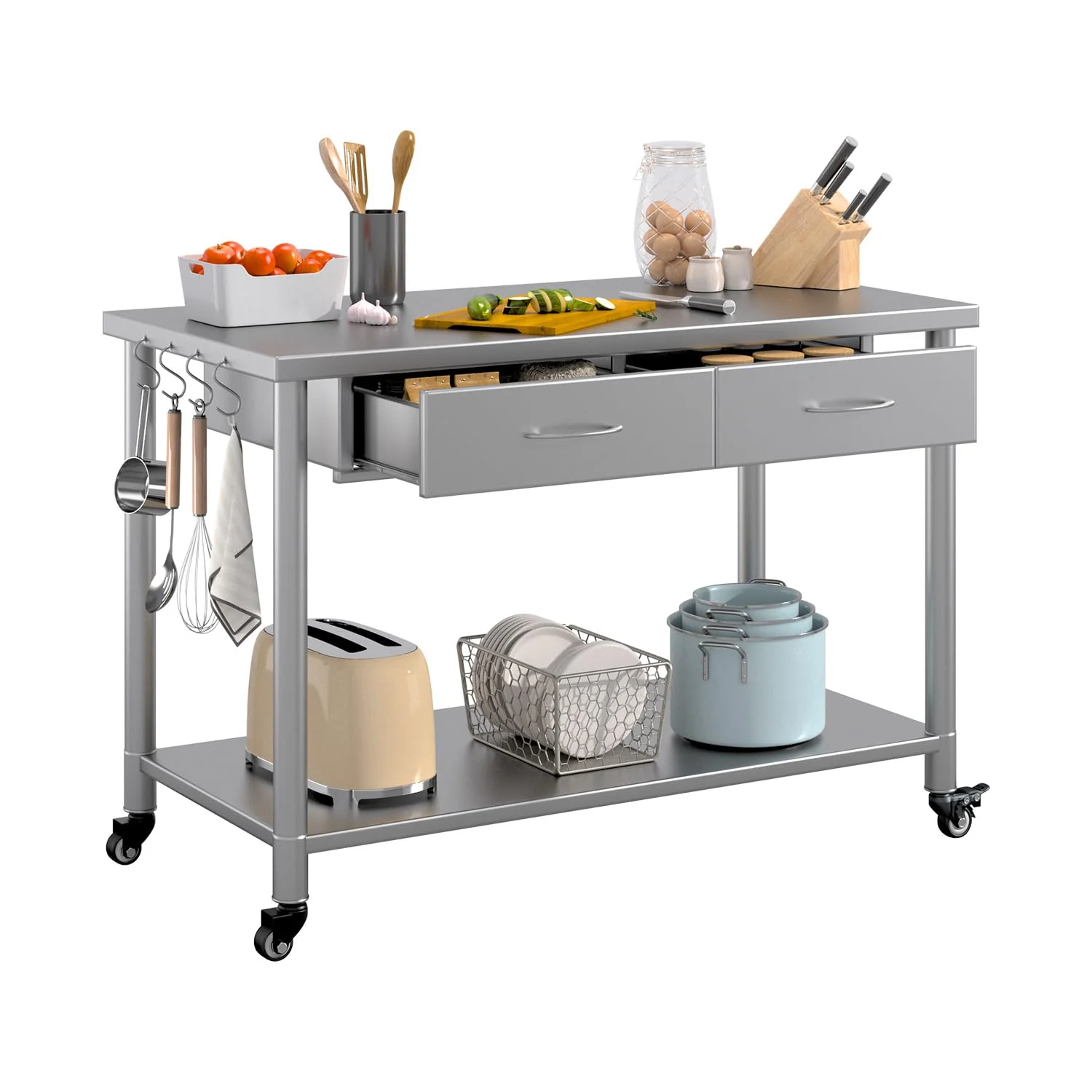 758255df133fe0f8a7c9b3daa8c3d660d4513acf4c16e7b31d45137ecf12ddcf.webp AECOJOY Stainless Steel Work Table with 2 Drawers, 48"x24" Commercial Kitchen Prep Table with Casters - Image 1