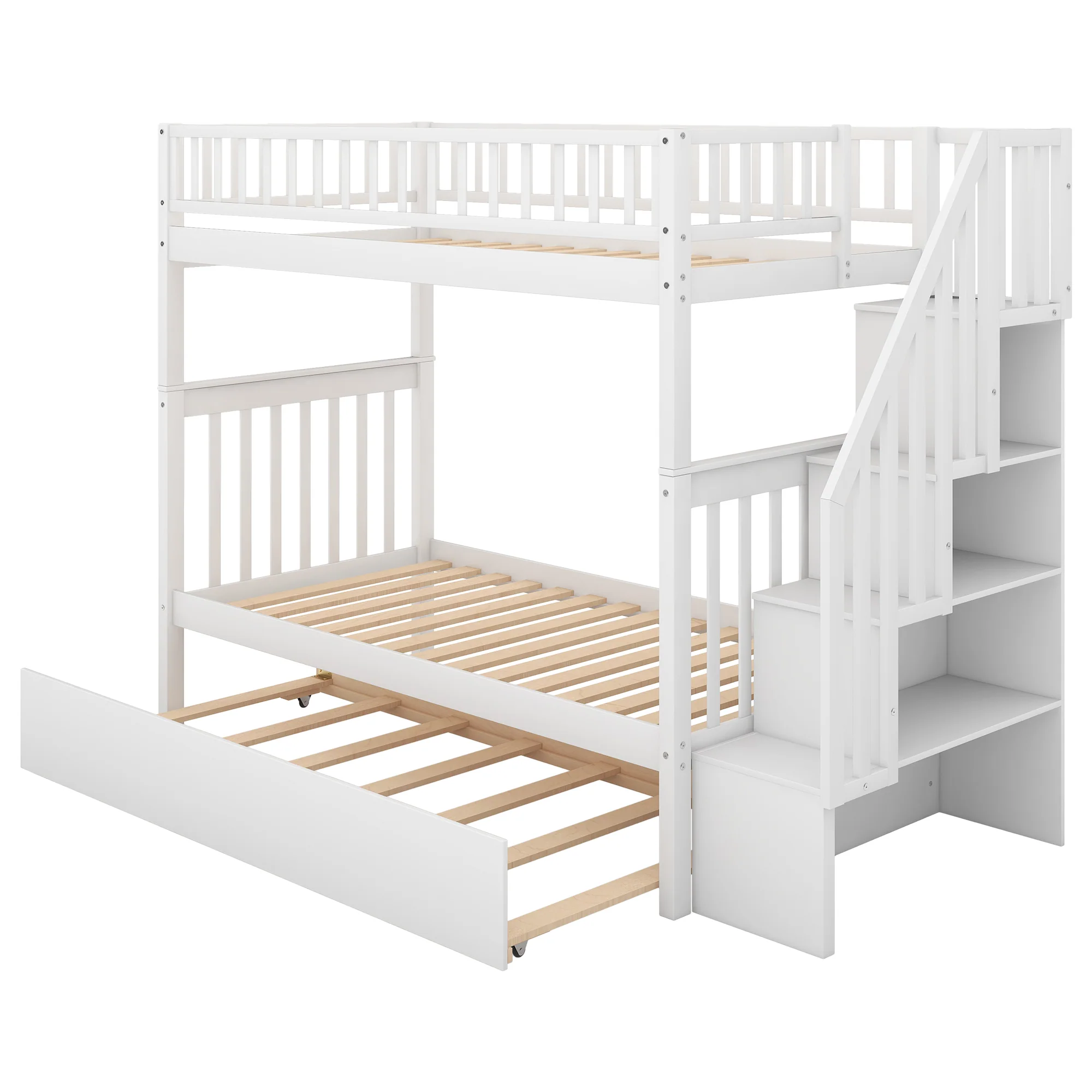 758e3a98cdab22a99e7b4577a2cff7ba910801fcf05116c5570379745d6dbbe1.webp AECOJOY Twin Over Twin Bunk Bed with Trundle and Storage, Solid Pine Wood White - Image 1
