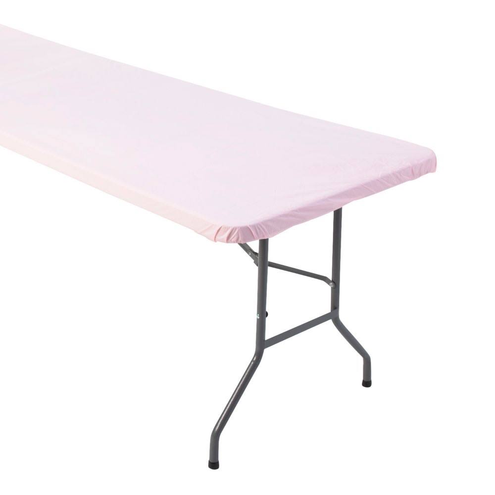 758f77f38289dbb98fc9b9f0b7e07e833c29eadd78cc30532de155e28225106a.jpg Fun Express 8 ft. Light Pink Fitted Plastic Tablecloth, Size: 40 x 96 - Image 1