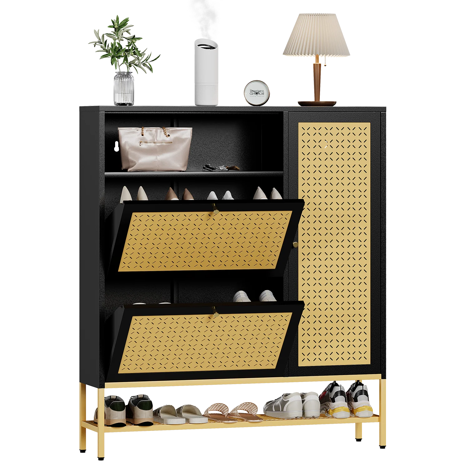7597436b0aa4e98479071ac4e033fa1c52a33c6273ac8e8bf26acc9ad180878b.webp AECOJOY Shoe Storage Cabinet with 2 Flip Drawers - Hidden Shoe Organizer for Entryway, Metal Shoe Rack with Door & Open Storage - Image 1