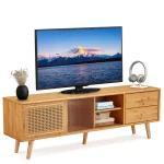 AECOJOY Rattan Boho TV Stand for TVs up to 65 inch, Entertainment Center with Rattan Door, Height-Adjustable Shelves & 4 Cabinets & Drawers
