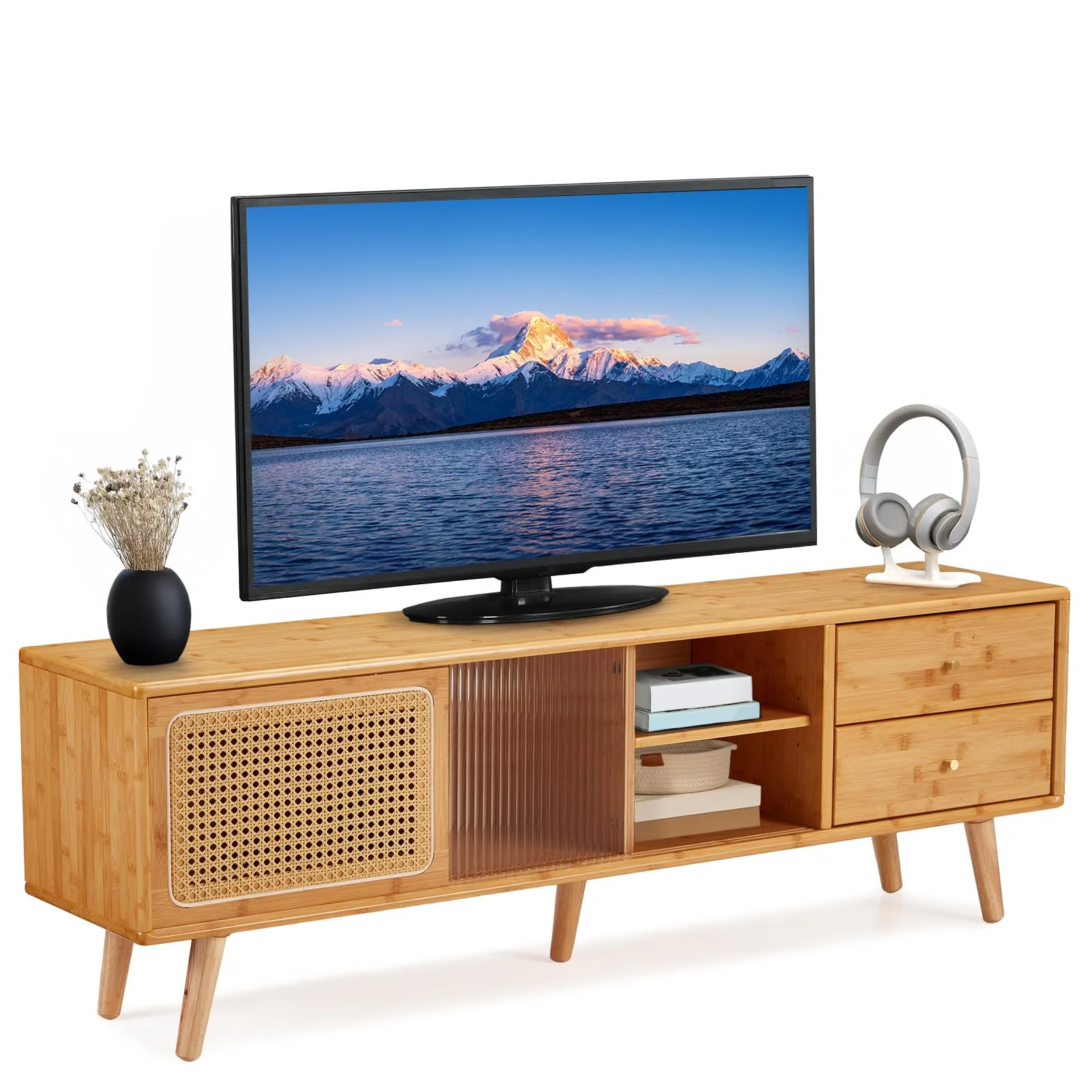 75ece6a69ab1a3e8c91a53c28e49e795ce97b55b630e8be037814c71ecf5e6f9.webp AECOJOY Rattan Boho TV Stand for TVs up to 65 inch, Entertainment Center with Rattan Door, Height-Adjustable Shelves & 4 Cabinets & Drawers - Image 1
