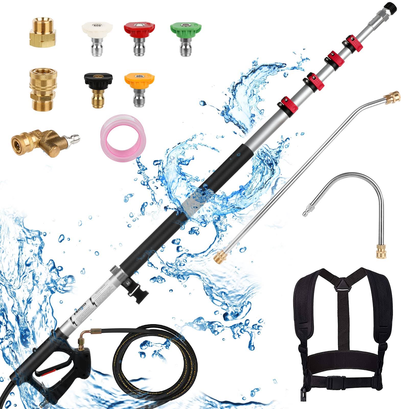7602030b2badb1b7c90f8eb6a10fe1ec7f8343991db06aad02d153734438f94b.jpg 24 ft Pressure Washer Extension Wand, Extension Pole for Pressure Washer with Gutter Extension, and 5 Spray Nozzle Tips for Roof Fence Window - Image 1