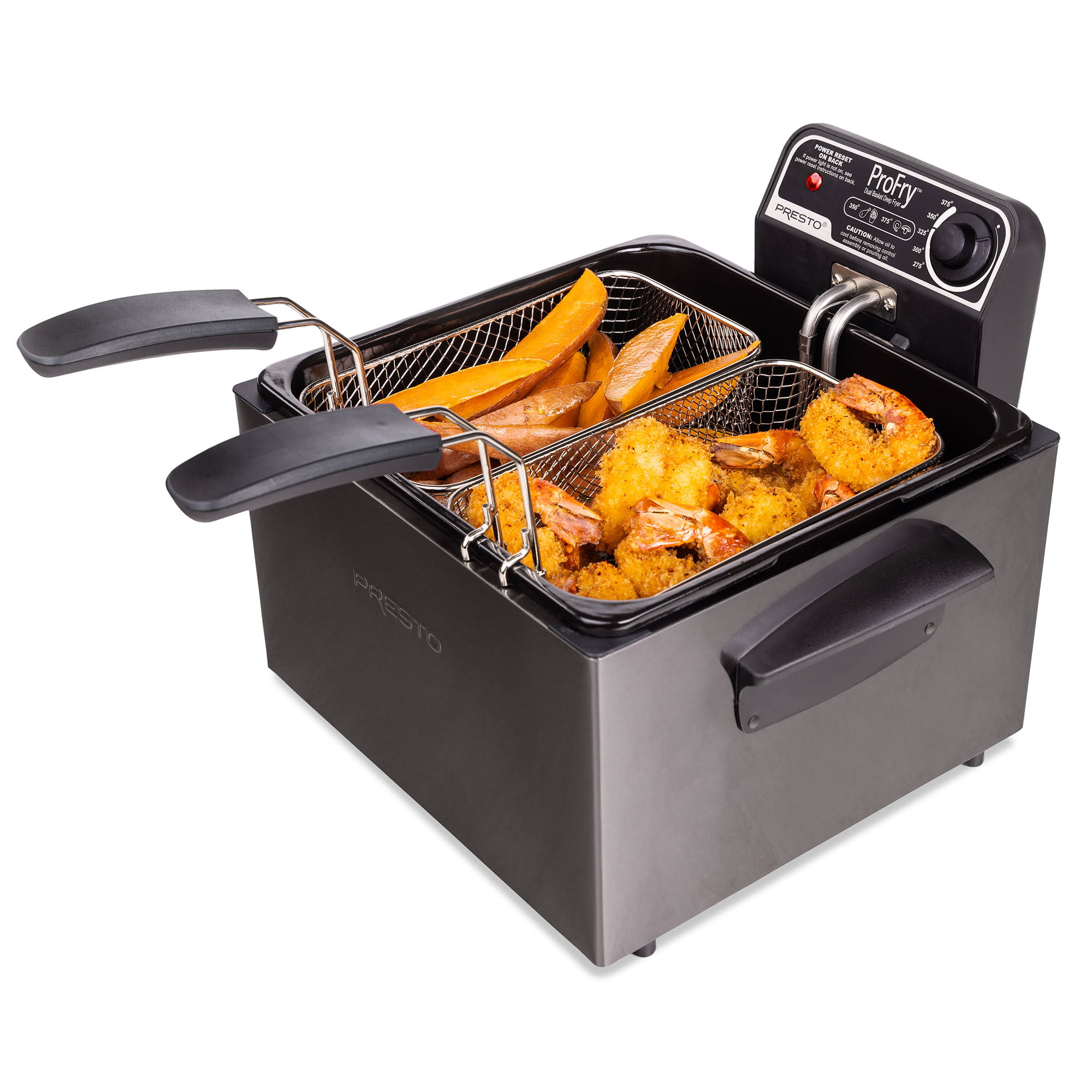 7609d4384d97e8a36ca11f2c4615666345592c5e100f7c4645e4c033230b0f3a.jpg Presto Black Stainless Steel Dual Basket ProFry Deep Fryer - Image 1