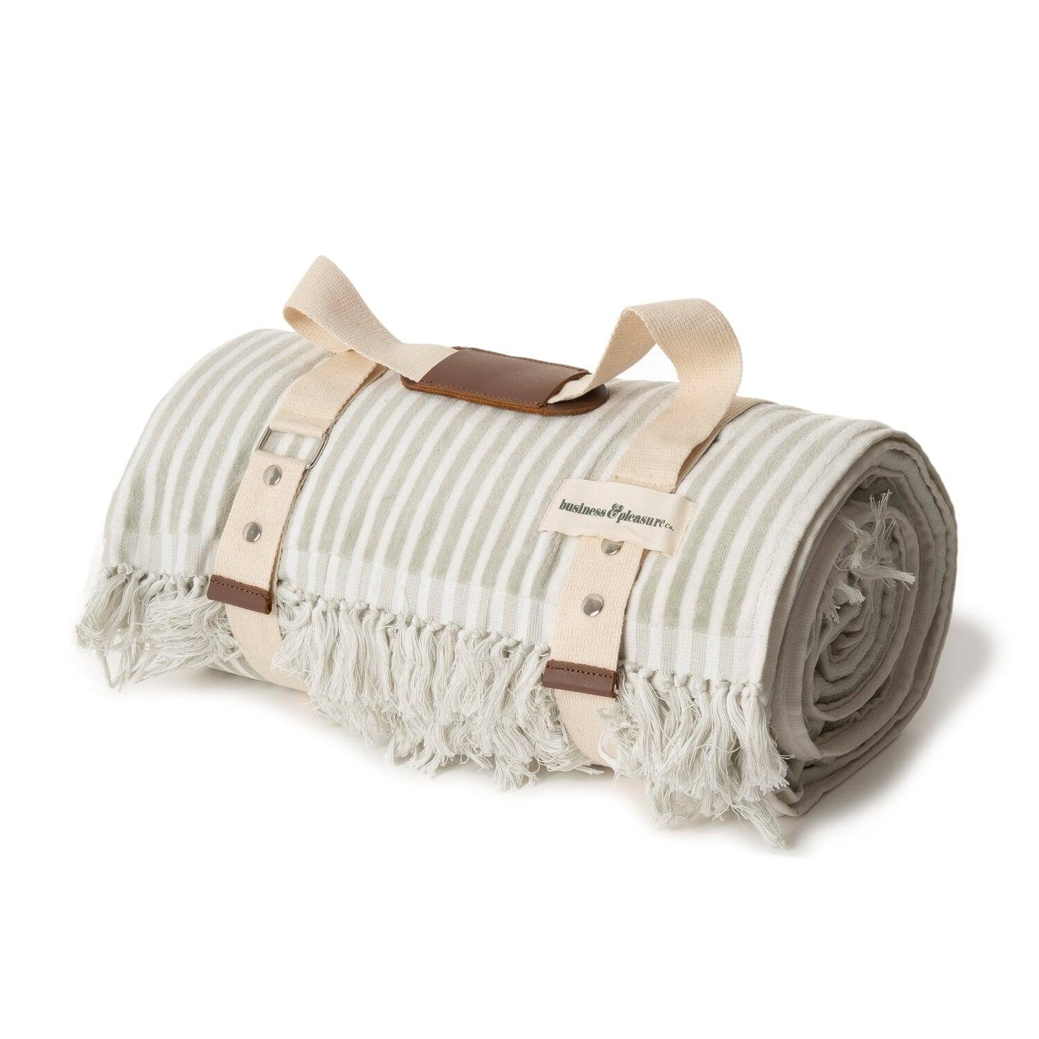 7639d7be7a70c76adaf1304dbb8a7def0680b852b31e50f60707c72ef6d19eca-1.jpg Business & Pleasure Co. Beach Blanket Laurens Sage Stripe - Image 1