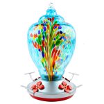 WOSIBO Hummingbird Feeder for Outdoors Patio Large 32 Ounces Colorful Hand Blown Glass Hummingbird Feeder with Ant Moat Hanging Hook, Rope, Brush