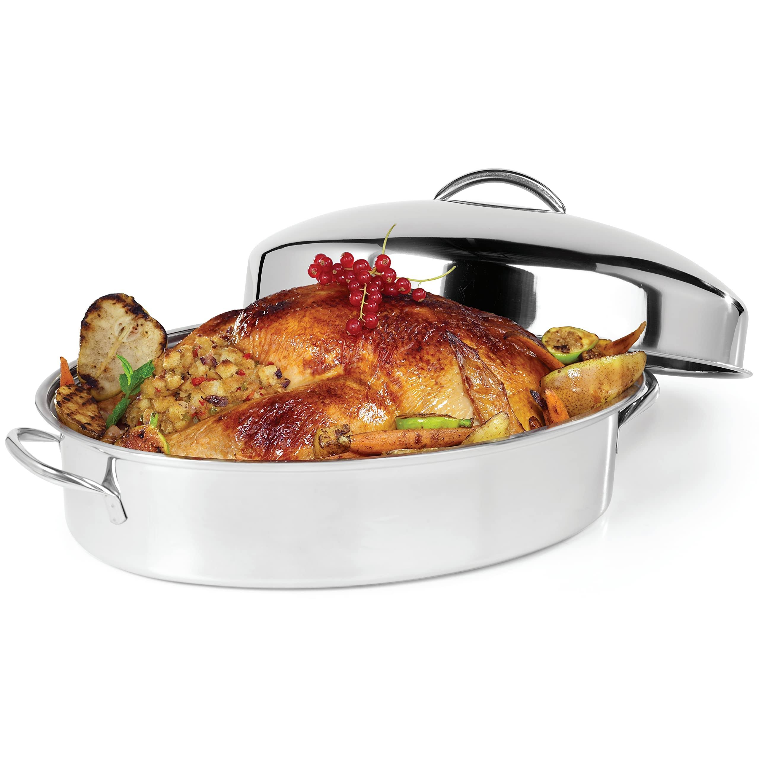 7665017f828893267cf307e41cb3972f821d7f8322cd81923dabc8776f451a6b.jpg Ovente Kitchen Oval Roasting Pan 16 inch Stainless Steel Baking Tray with Lid & Rack, Dishwasher Safe Portable Silver Cwr32161s - Image 1
