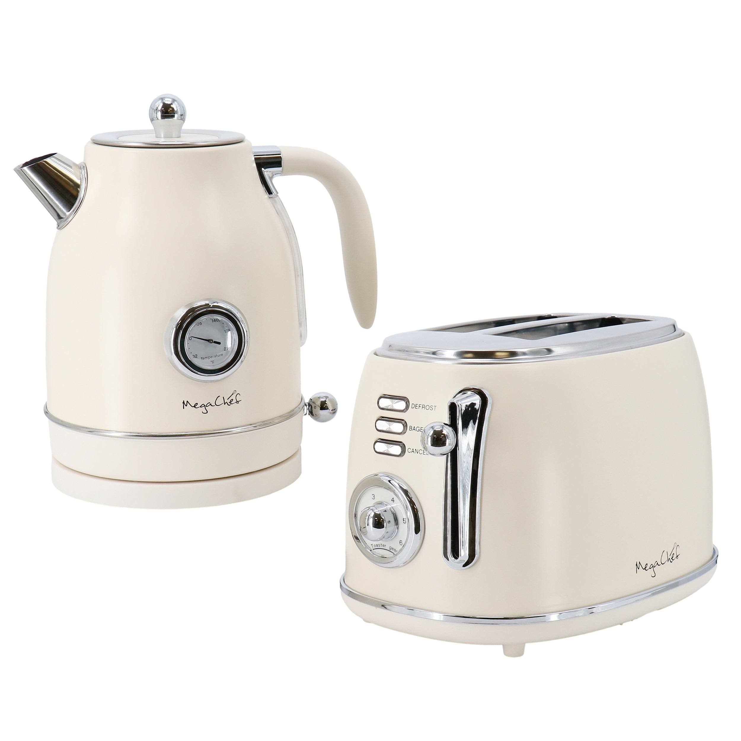 7667b335b652f87e654214bfbfead99a3ebe0be77f02ddef4b60c70adfb61b09.jpg MegaChef 1.7 Liter Electric Tea Kettle and 2 Slice Toaster Combo in Matte Cream - Image 1