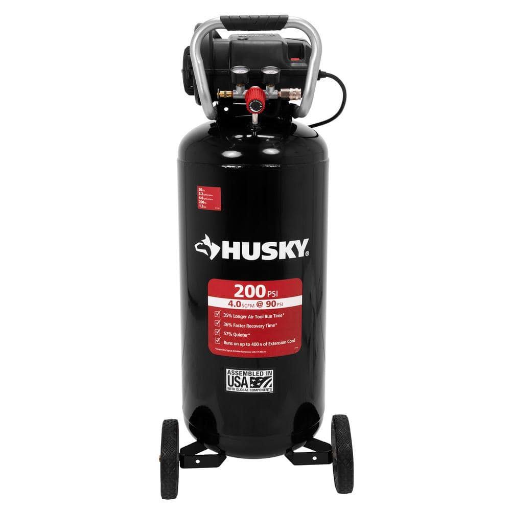 76abf3255ff612a3879b9af40614d4a5a73090dfc86f7690210faca03f9fcb5c.jpg Husky C202H - 20 gal. 200 PSI Oil Free Portable Vertical Electric Air Compressor - Image 1