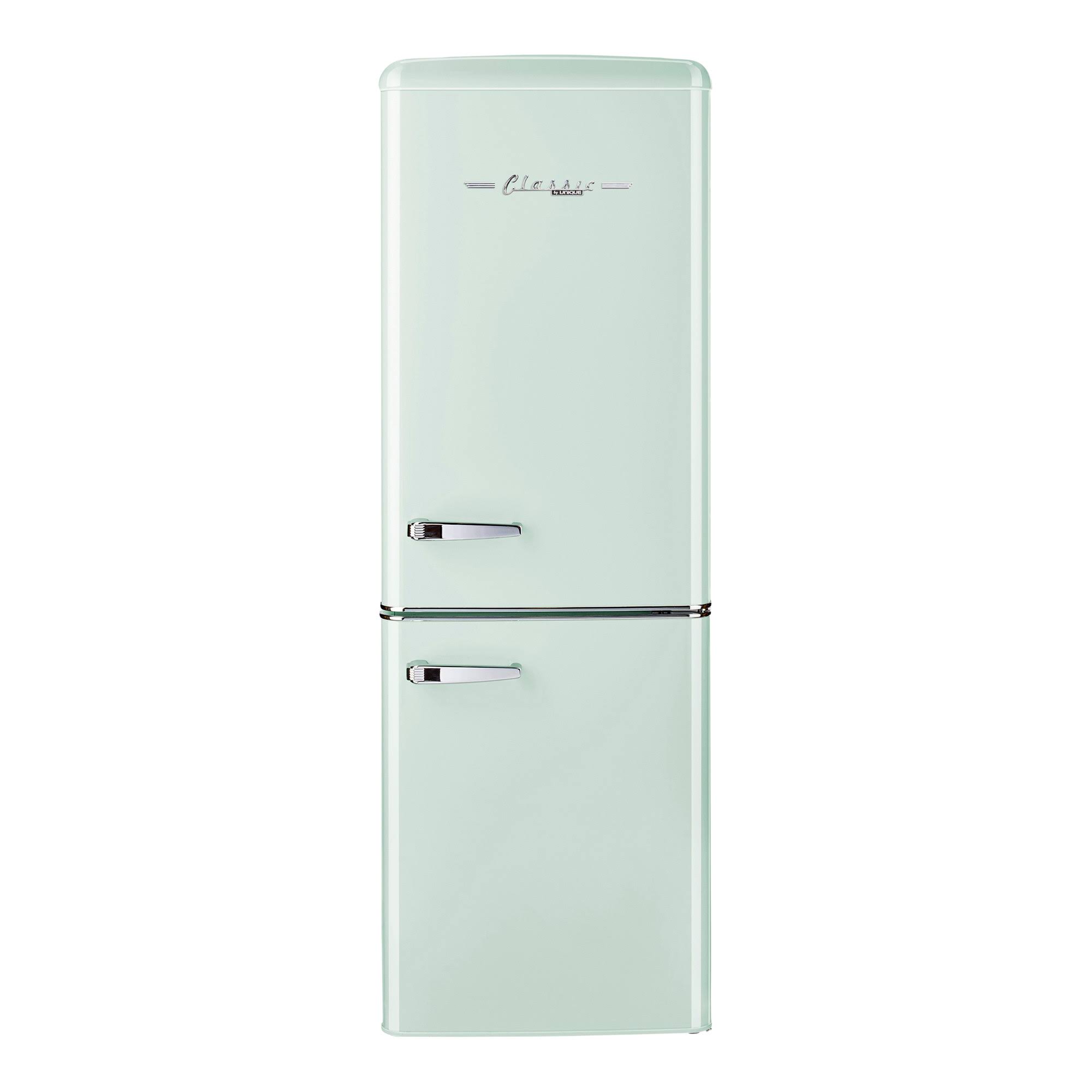 76d9164323cfc31d2db0cd4bc90a9b6e0a8d3dddec553179aa79bc810d604843.jpg Unique Appliances Classic Retro 21.6 in. 7 Cu. ft. Retro Bottom Freezer Refrigerator in Summer Mint Green, Energy Star - Image 1