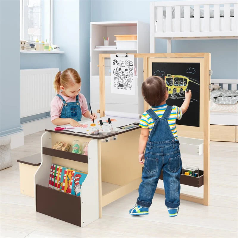 76ec73014d18f2cc6fc0f1931a5827f5b5f64f9501a1afd83ac4608863010b62.webp Kids Wooden Art Center Easel with Adjustable Double-Sided Blackboard & Whiteboard, Paper Roll, Toddler Art Table & Chair Set with Storage - Image 1