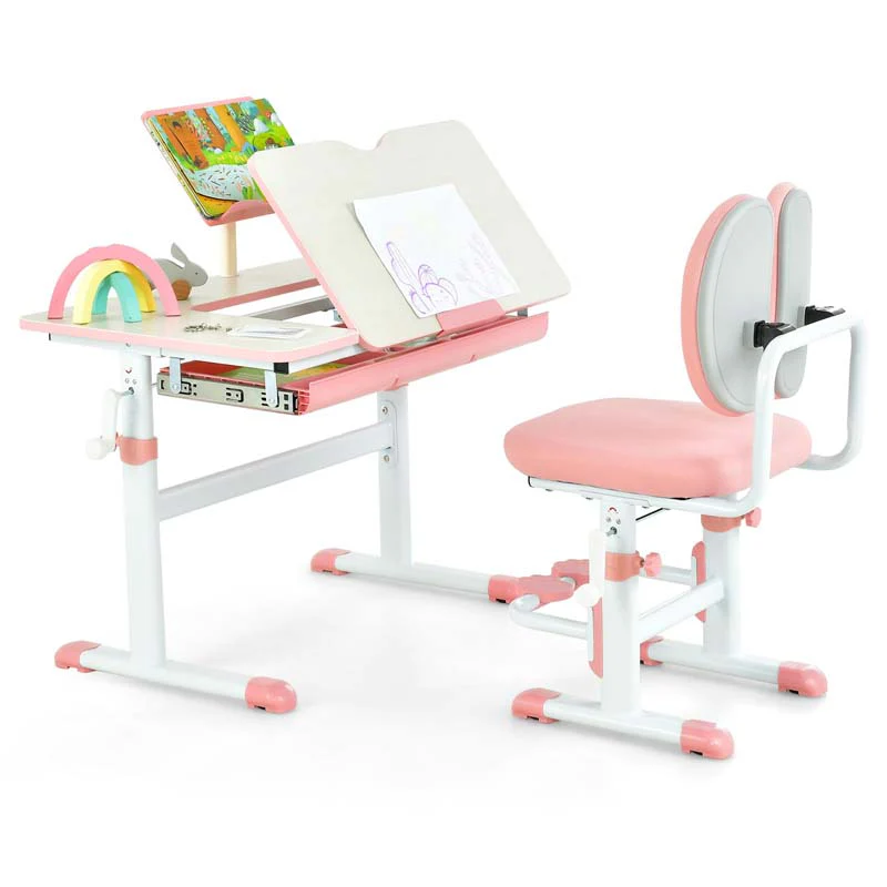 76f89146de8b886b33780a2c9687b055af44f9acef528b7524ea1524c808e296.webp Height-Adjustable Kids Study Desk Chair Set, Tiltable Student Writing Table & Chair Set with Book Stand, Footrest - Image 1