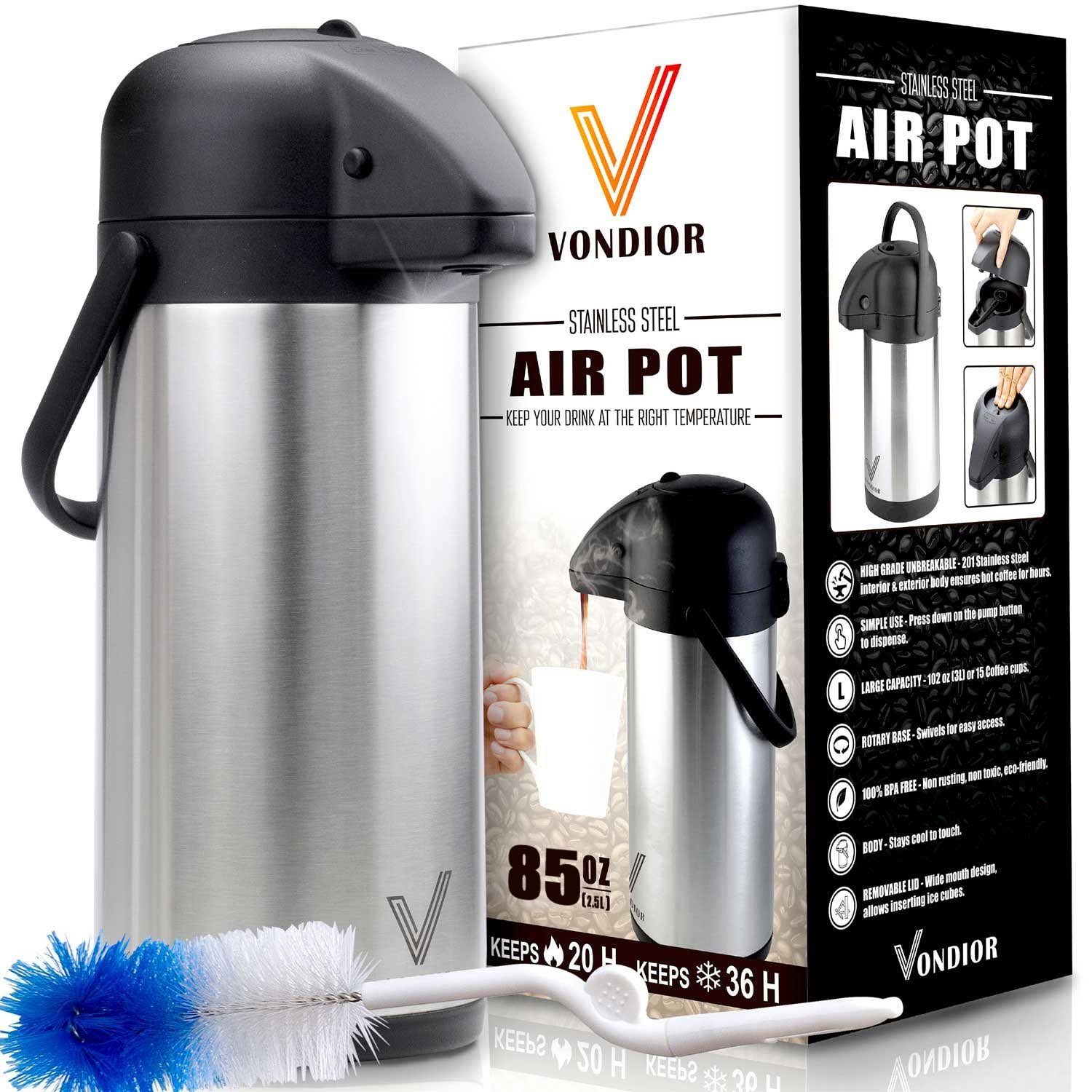 773e605186227a24128d9d4ace457b345ffc78871521f3119f6ec7fb728c1052.jpg Vondior Airpot Coffee Dispenser with Pump - Insulated Stainless Steel Thermal Beverage Dispenser - 85 oz - Image 1
