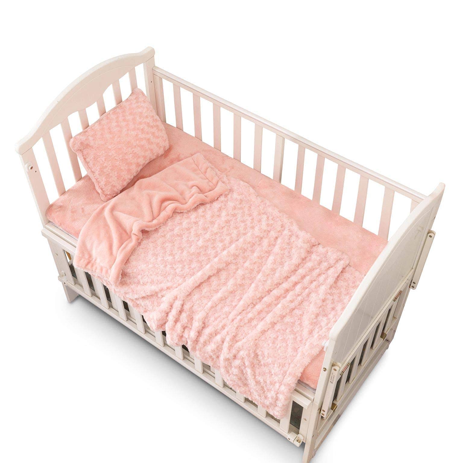 775642370af09689bfbe6a2a08b0bc3b833e694db9a2106150300f90e605e2cd.jpg Bella & Saul Bedding Set Girl Baby Boy Nursery Comforter Set of 3, Fitted for A Mini Portable Crib 24x38 INCHES. (Pink), 24x38in - Image 1