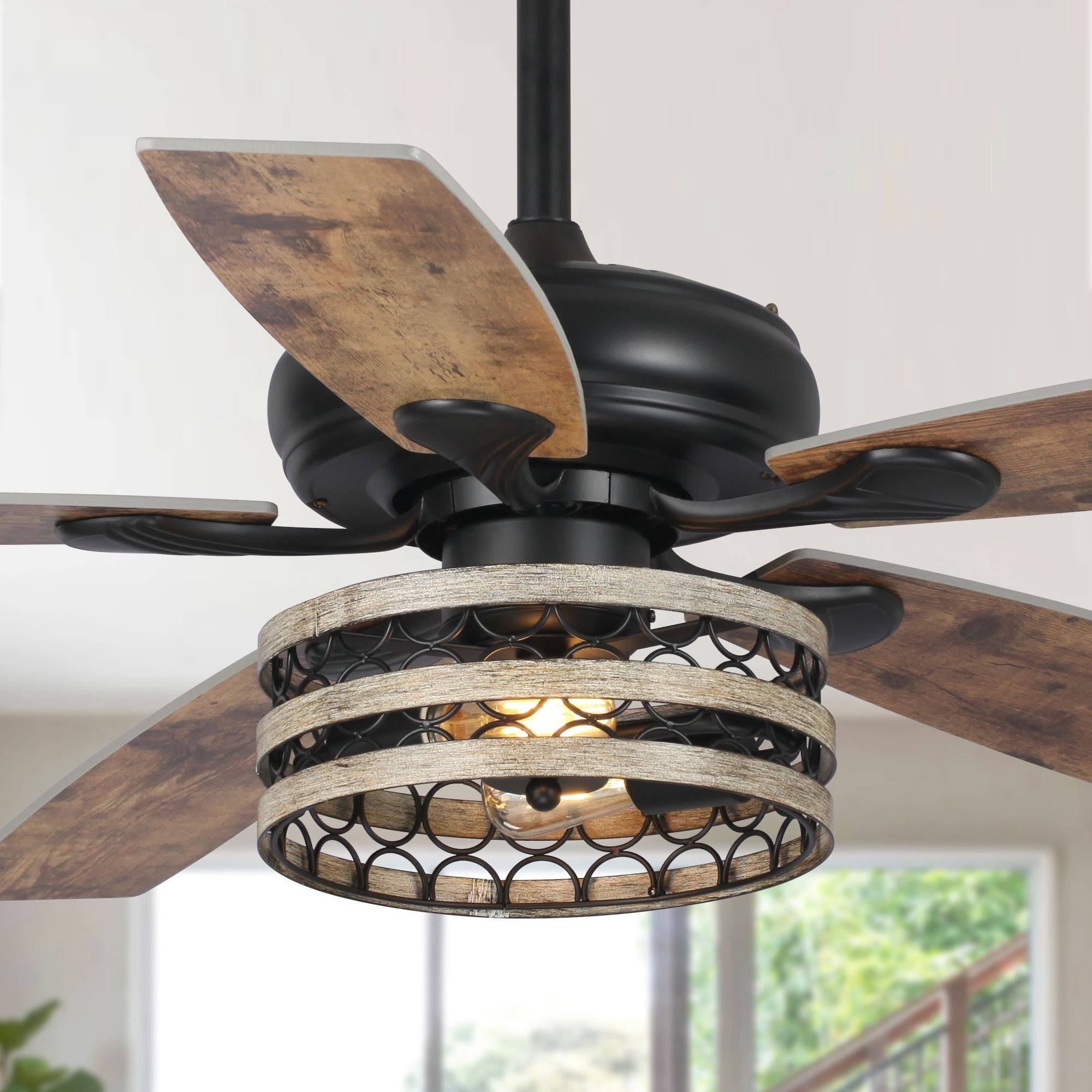 7758cb58555488f097eb368a005b3551509763579b4417641c0a6326ede98f08.jpg 52" Farmhouse Wood 5-Blade LED Ceiling Fan with Remote - Image 1