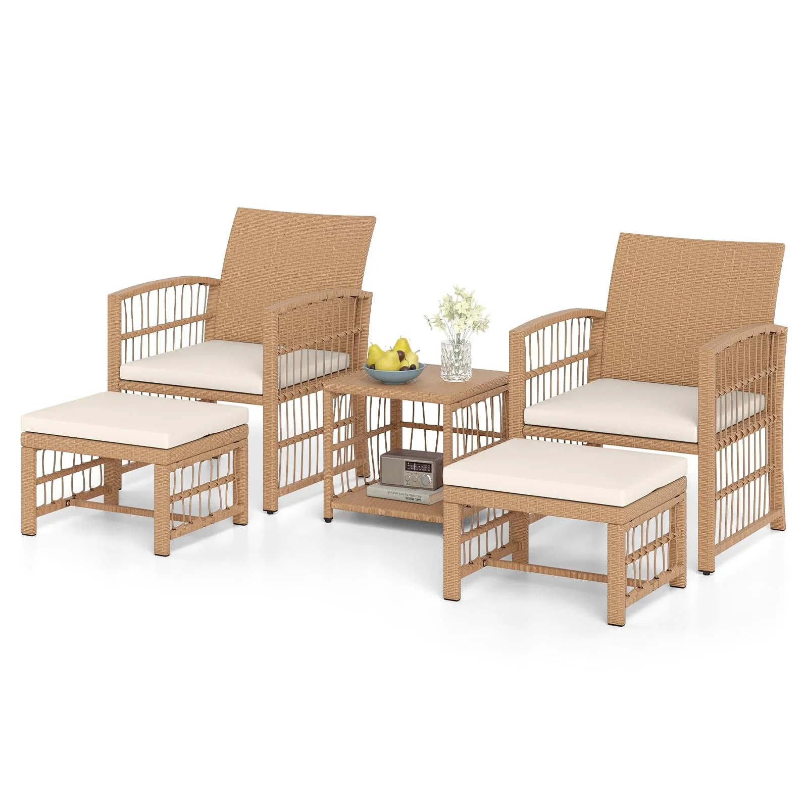 779b66e021c3ef89a13afb9ccff6c3cfe26185eae133dfcc916356053f61bceb.webp Tangkula 5 Piece Patio Wicker Conversation Set Includes 2 Armchairs, 2 Ottomans & 2-Tier Side Table - Image 1
