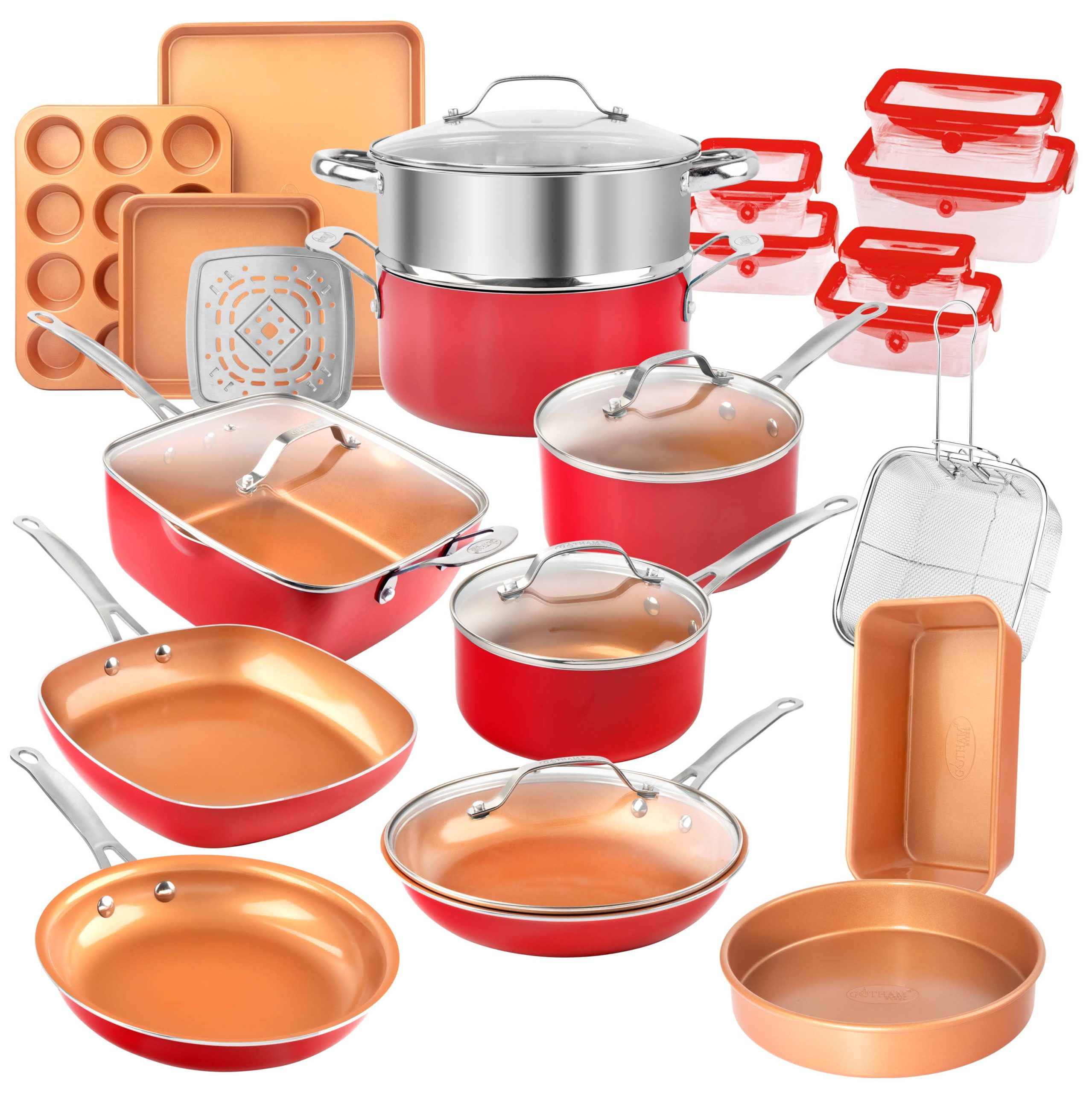 7860ad6586dc9d38aa0c5989860c4f8697e7a2f1deb8b19e7b8a09550d77be57.jpg Gotham Steel 32 Piece Cookware Set, Bakeware and Food Storage Set, Nonstick Pots and Pans, Red - Image 1