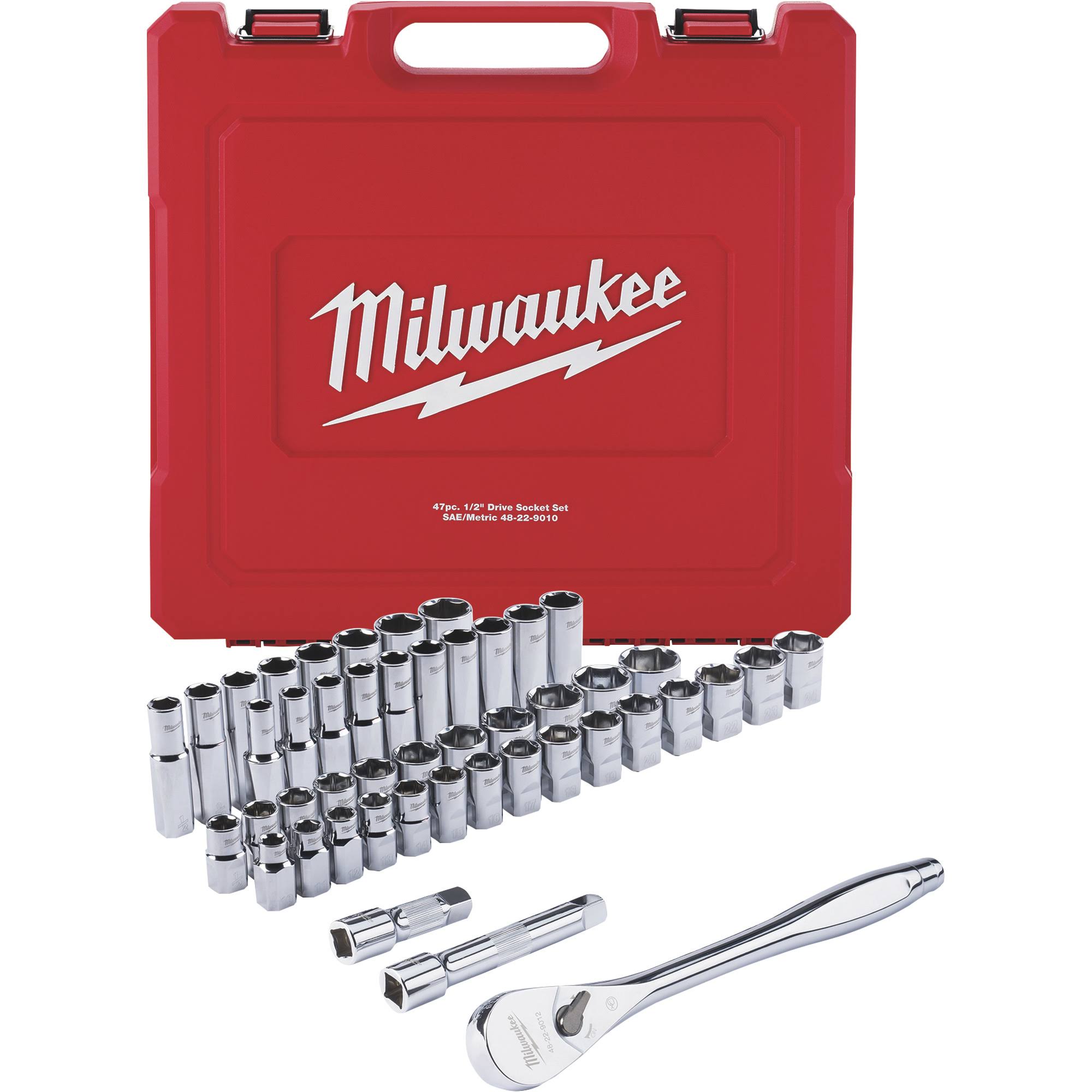 796dabdf5255afceb3146b509a30010bc55bb6eee4cf03f302a800626f463062.jpg Milwaukee 48-22-9010 47 Piece 1/2" Drive Metric & SAE Ratchet and Socket Set - Image 1