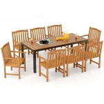Tangkula Patio Rectangular Table with Umbrella Hole and 8 Solid Acacia Armchairs
