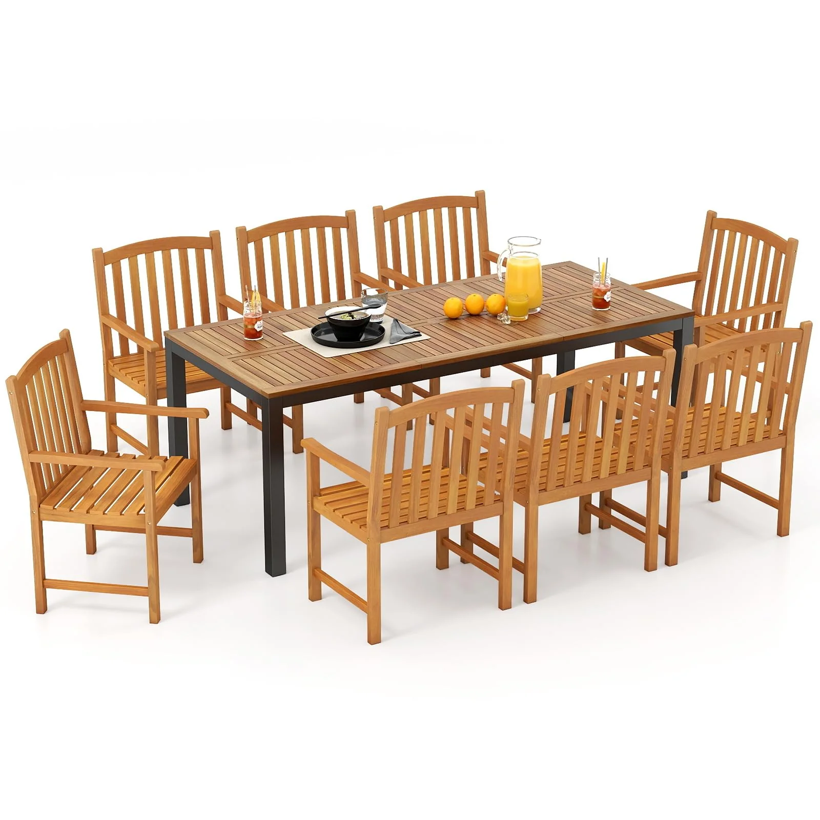 796fbcc1e633565df585555064a504f98898bcc05619094c75387276659e4d91.webp Tangkula Patio Rectangular Table with Umbrella Hole and 8 Solid Acacia Armchairs - Image 1